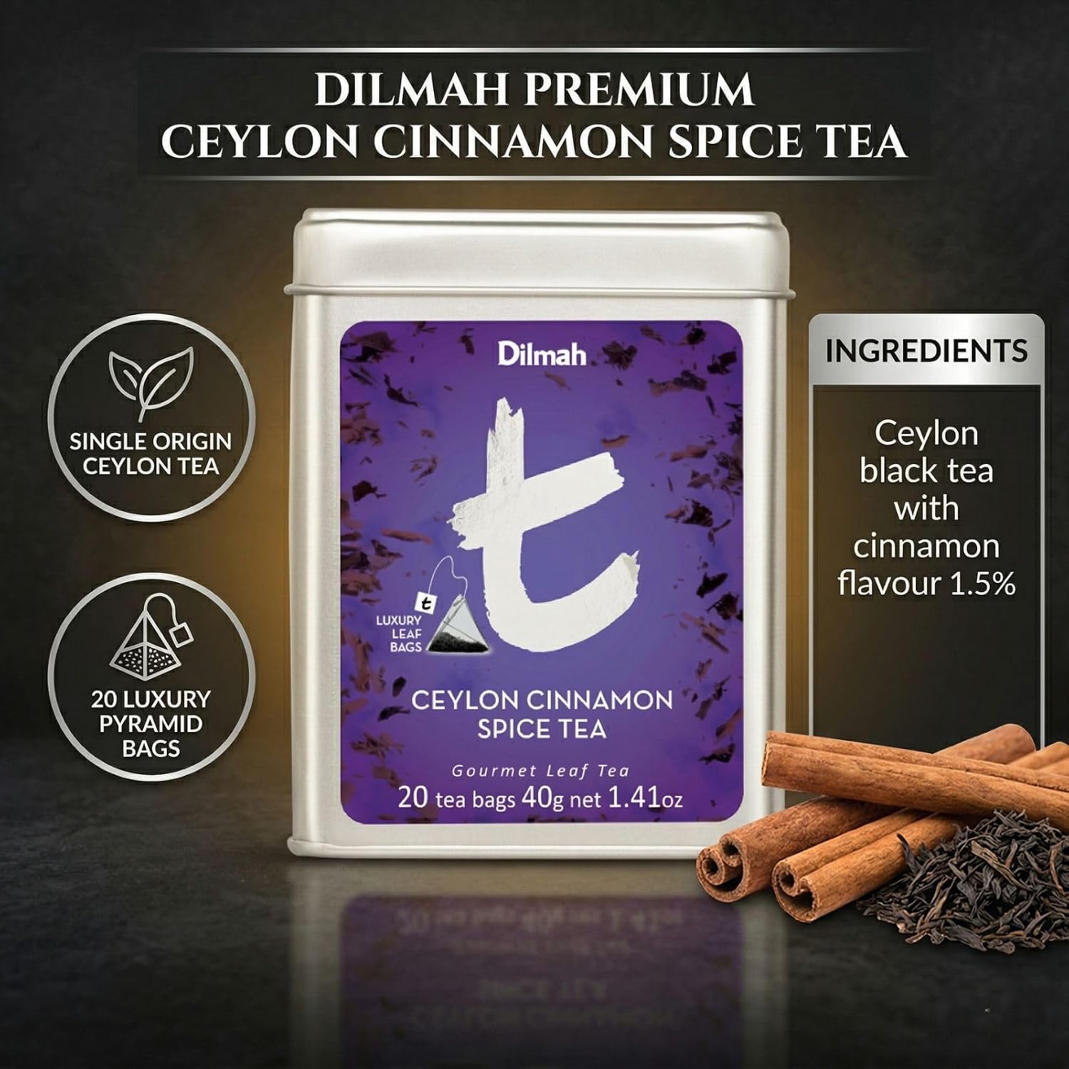 Dilmah T-Series Ceylon Cinnamon Spice Black Tea – 20 Luxury Leaf Tea Bags | Premium Single Origin Ceylon Tea with Authentic Cinnamon Spice